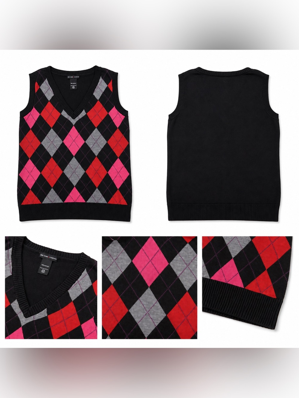 New York & Company Black Argyle V-Neck Sweater Vest with Red & Pink